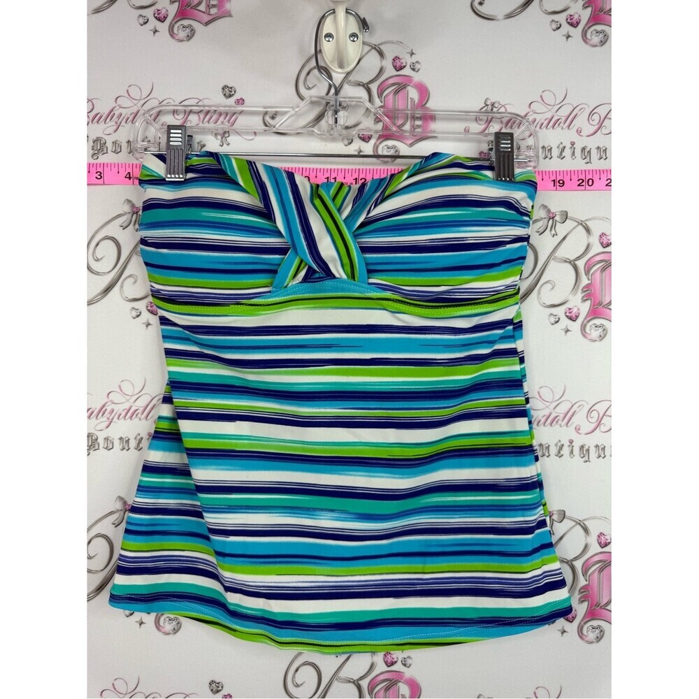 Point Zero Blue Green Striped Twist-Front Tankini Top
